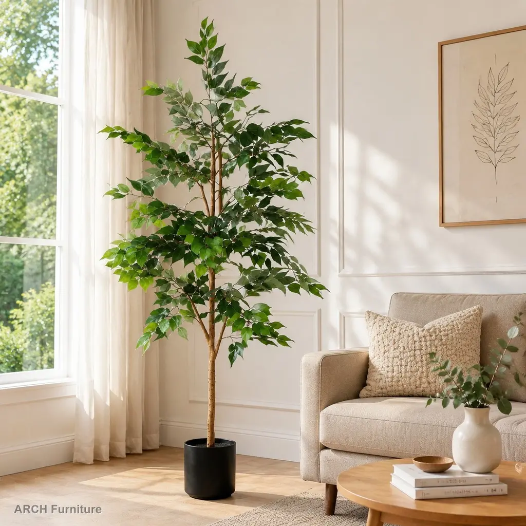 6FT (72in) Lifelike Artificial Ficus Plant - 1pc/set Modern Wooden Trunk Decor Tree with Black Plastic Pot, Anti-Insect, Anti-Crack for Indoor Living Room, Home Office Year-Round Home Decor Supplies