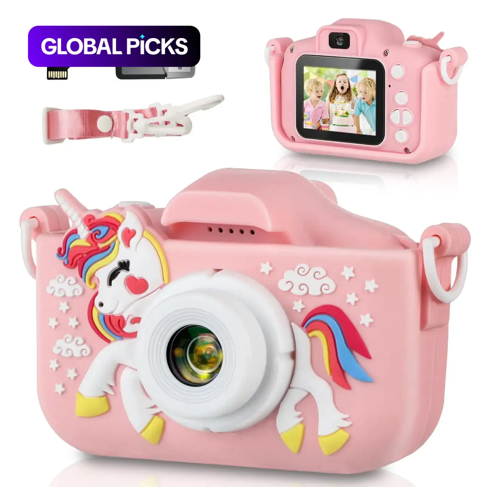 Toy Unicorn Camera for Kids, Selfie Camera with Memory Card, Strap, Reader, Birthday Christmas Gift for Boys Girls