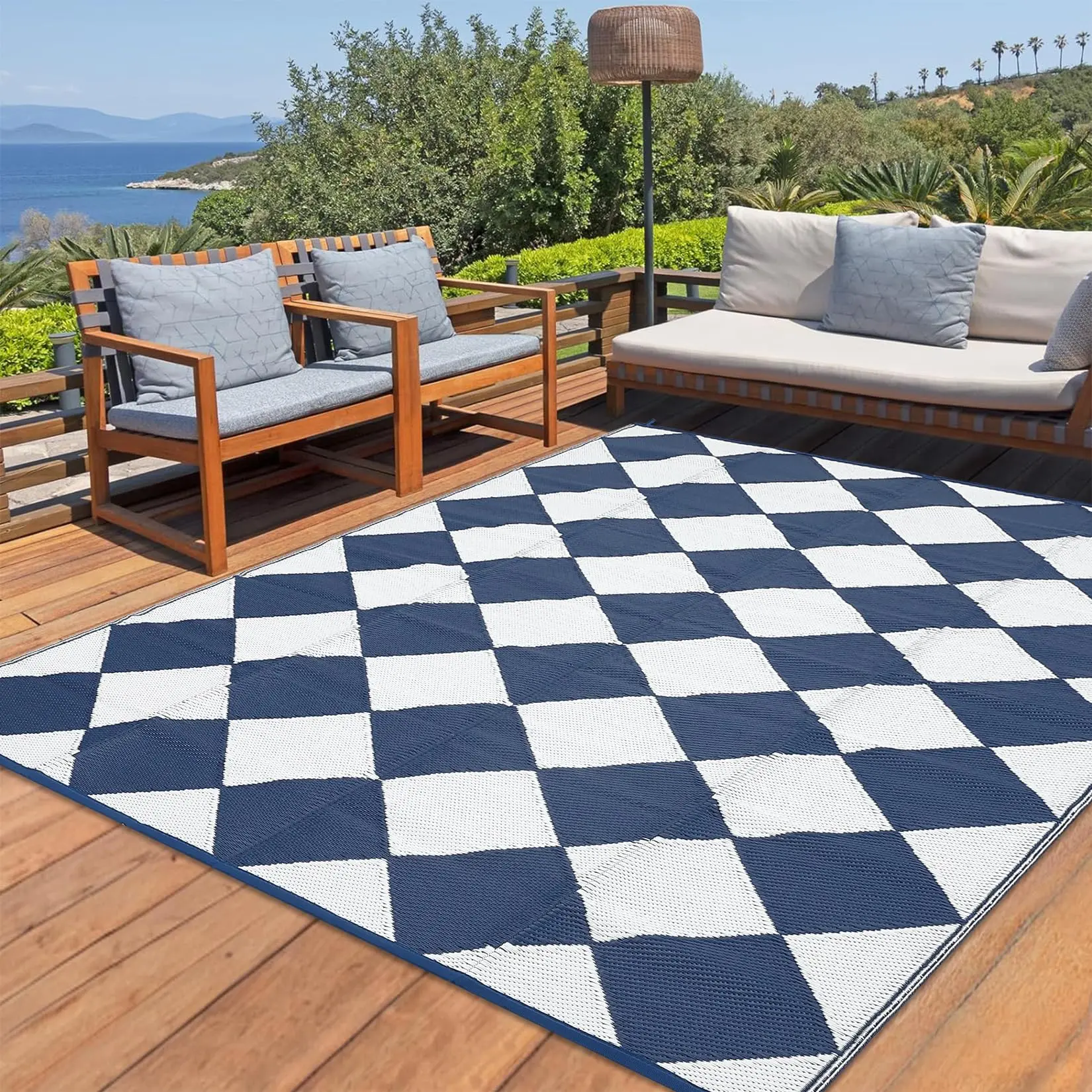 Reversible Area Rug Waterproof Fade Resistant Patio Carpet, Non-Slip Pet Friendly Easy Clean Foldable Camping Mat with Storage Bag & Fixing Peg Loops for Garden Balcony Dining Room