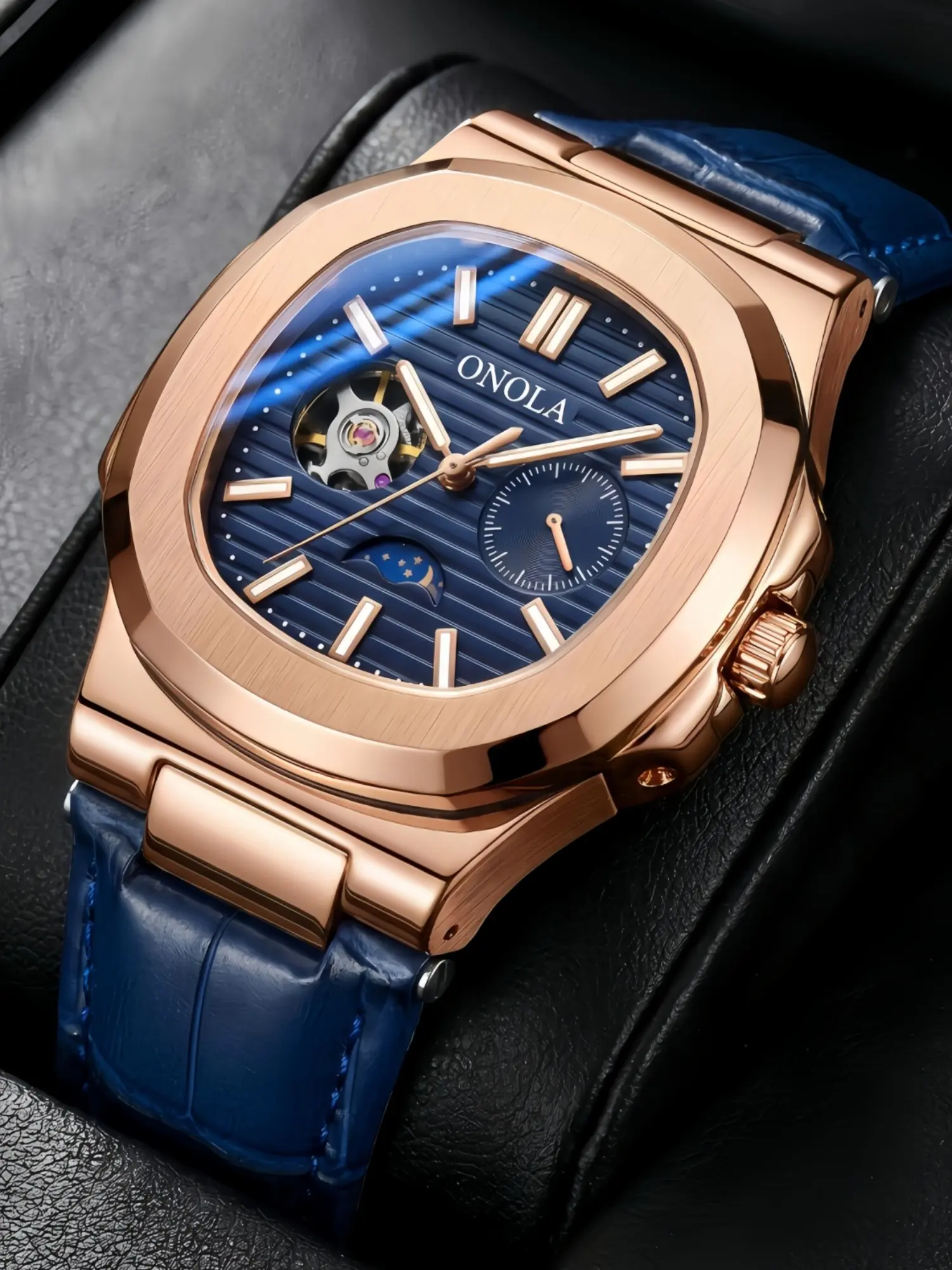 ONOLA Automatic Mechanical Watch Men Wrist Watches Luxury Skeleton Mechanical Watch Business Watch Multifunctional Lunar Dial Leather Strap Waterproof Luminous Male Dress Watch Daily Gift Watch For Gentleman