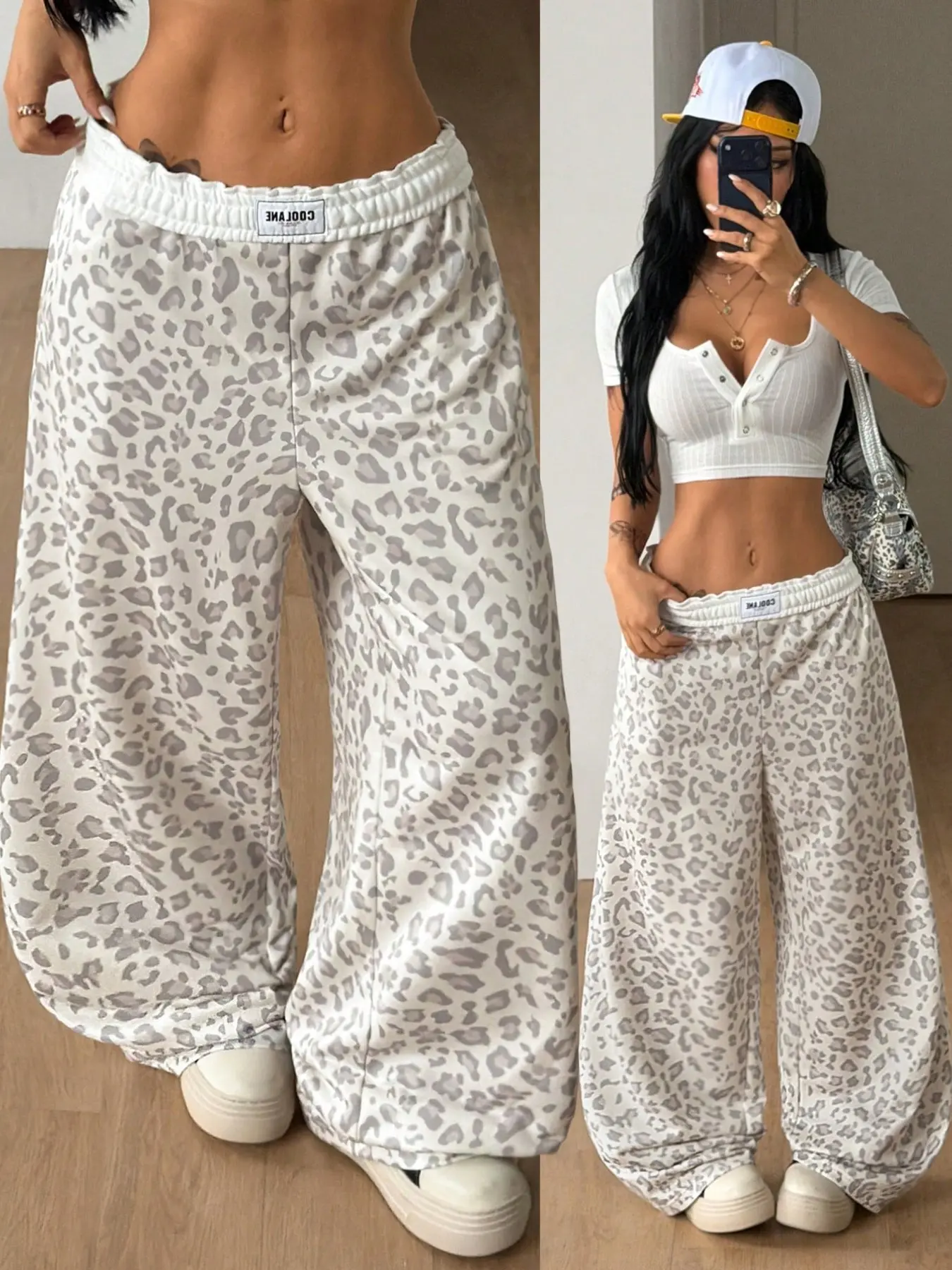 Women's White Grey Leopard Print Elastic High Waist Wide Leg Sweatpants, Ruffled Waistband Loose Baggy Casual Trousers, Y2K Streetwear Relaxed Fit Bottoms, Soft Lightweight Pants for Daily Outing Walking Shopping Vacation Home Loungewear Street Casual Out