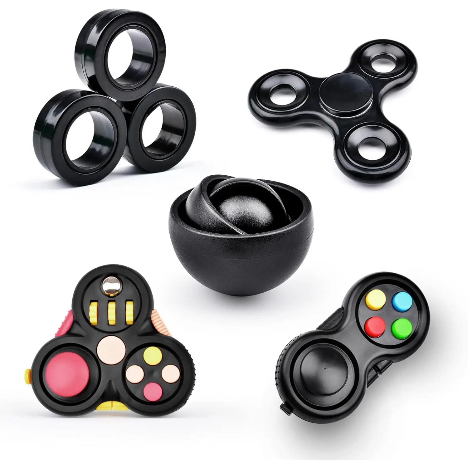 Fidget Toys Adults Pack 5Pcs,Fidget Spinner with Magnetic Rings Gyro,Fidget Controller Autism Sensory Toys,ADHD Stress Anxiety Desk Fidgets,Easter Basket Stuffers for Kids Teen Boys(BK)fidget toys