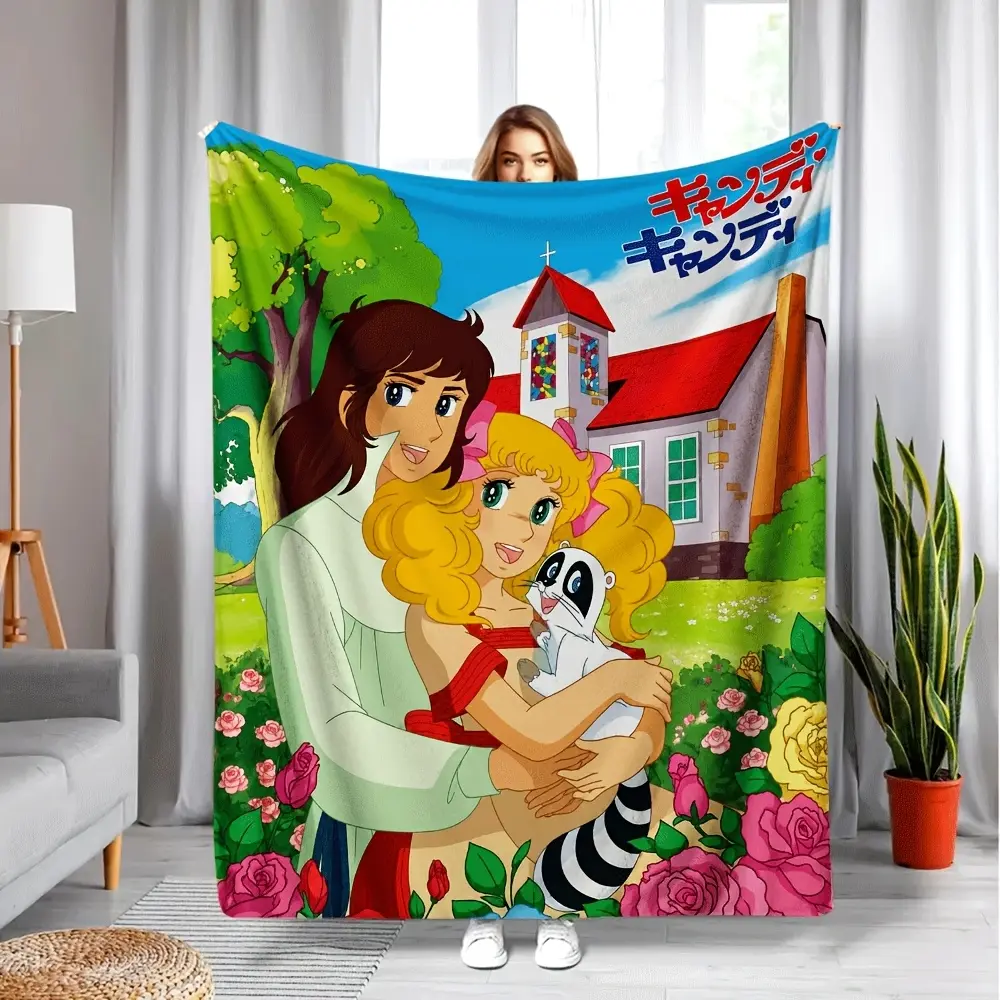 1pc Candy Candy Flannel Blanket Classic Retro Anime Characters Garden Scene Throw Blanket Rose Flower Town Background Sofa Bed Blanket Gift For Vintage Anime Fans