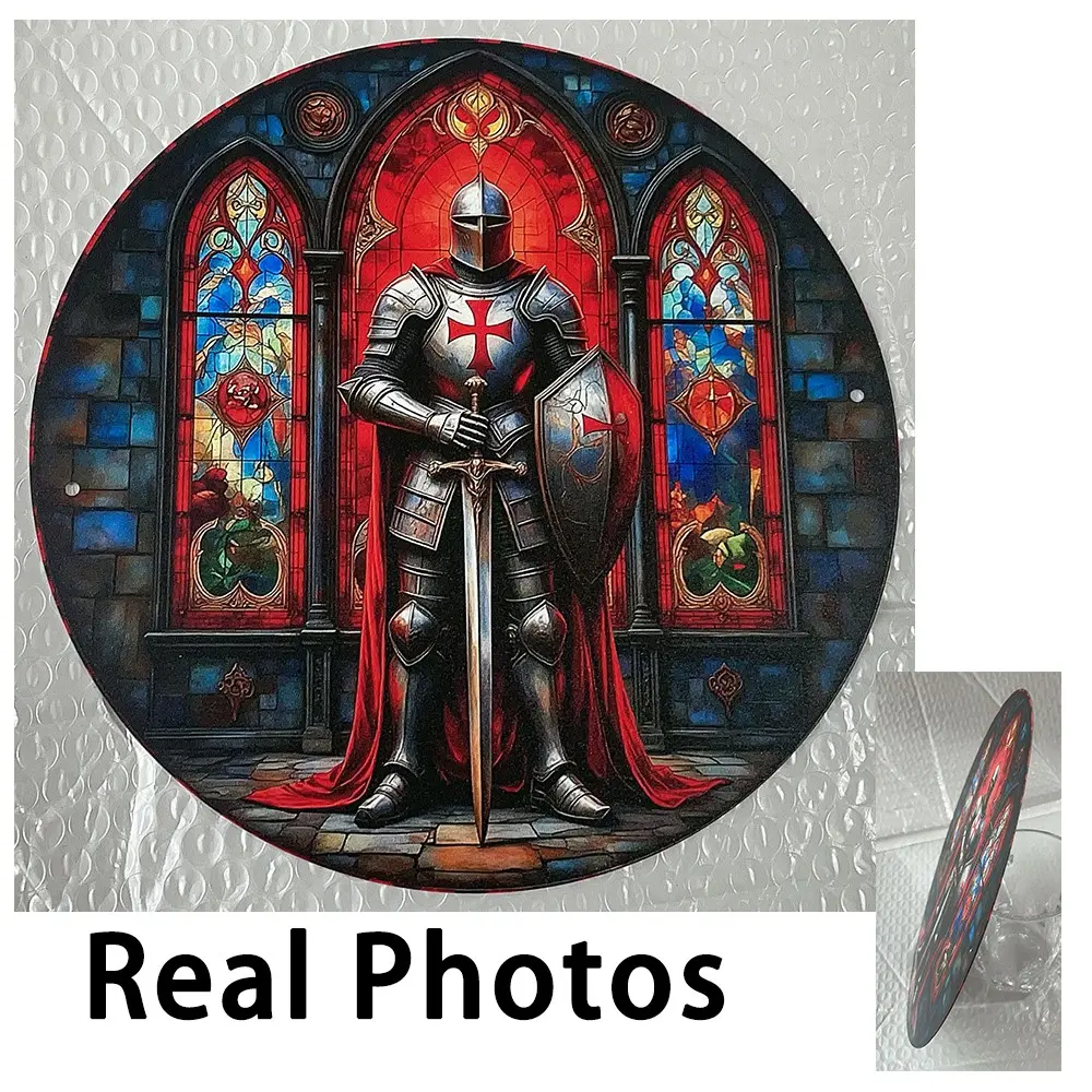 Aluminum Crusader Knight Wall Art, 2D Medieval Decoration, Round Vintage Home Bar Sign, Retro Style, Universal Wall Decor
