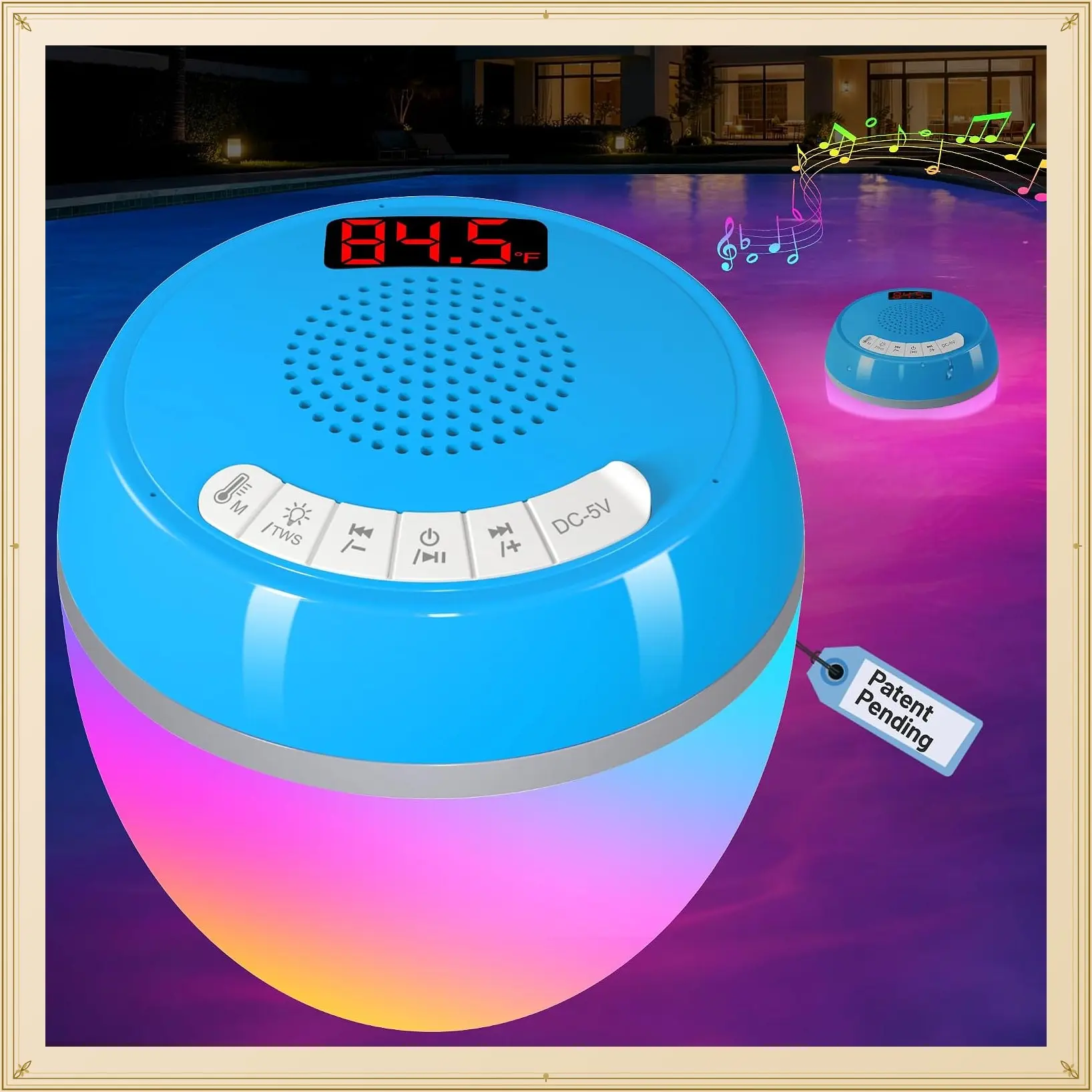 3-in-1 Floating Pool Speaker with Digital Thermometer, IP68 Waterproof Bluetooth, TWS Pairing, Colorful Lights, Loud Sound for Pool Hot Tub Home OutdoorGift