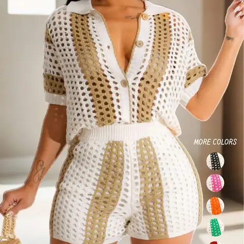 Women's Knit Hollow Out Button Front Top & High Waist Shorts Set, Summer Clothes, Casual Colorblock Striped Print Short Sleeve Collared Top & Shorts, Summer Outfits