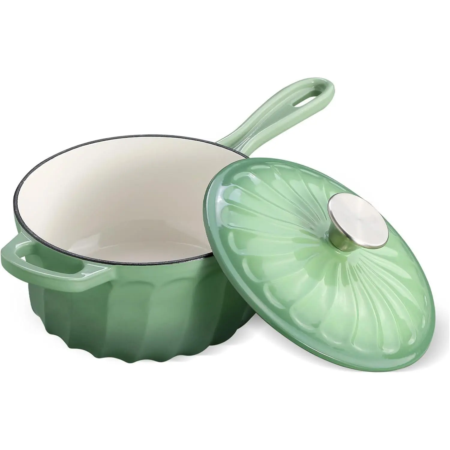 1 Quart Saucepan with Lid, Enameled Cast Iron Sauce Pan, Heavy Duty Small Pots for Cooking Pasta Sauce, Soup, Milk, Oven Safe up to 500°F (Fig Green)