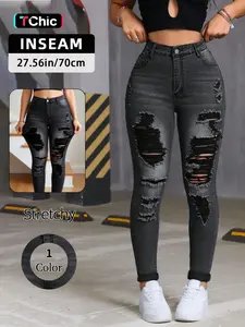 Women's Trendy Fashion Ripped Denim Jean High Stretch Comfortable Fitted Slim Fit High Waisted High Rise Jeans Pants, Casual Young Style Long Trousers for All Seasons