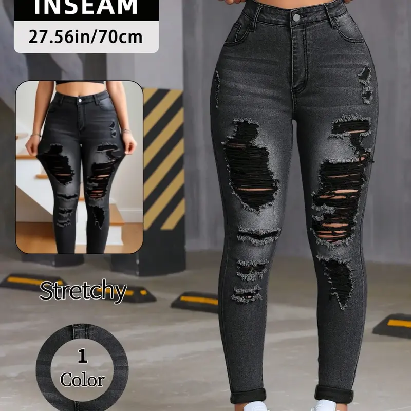 Women's Trendy Fashion Streetwear Ripped Denim Jeans, High Stretch Comfortable Slim Fit High Waist Skinny Jeans, Casual Young Style Trousers Pants for All Seasons