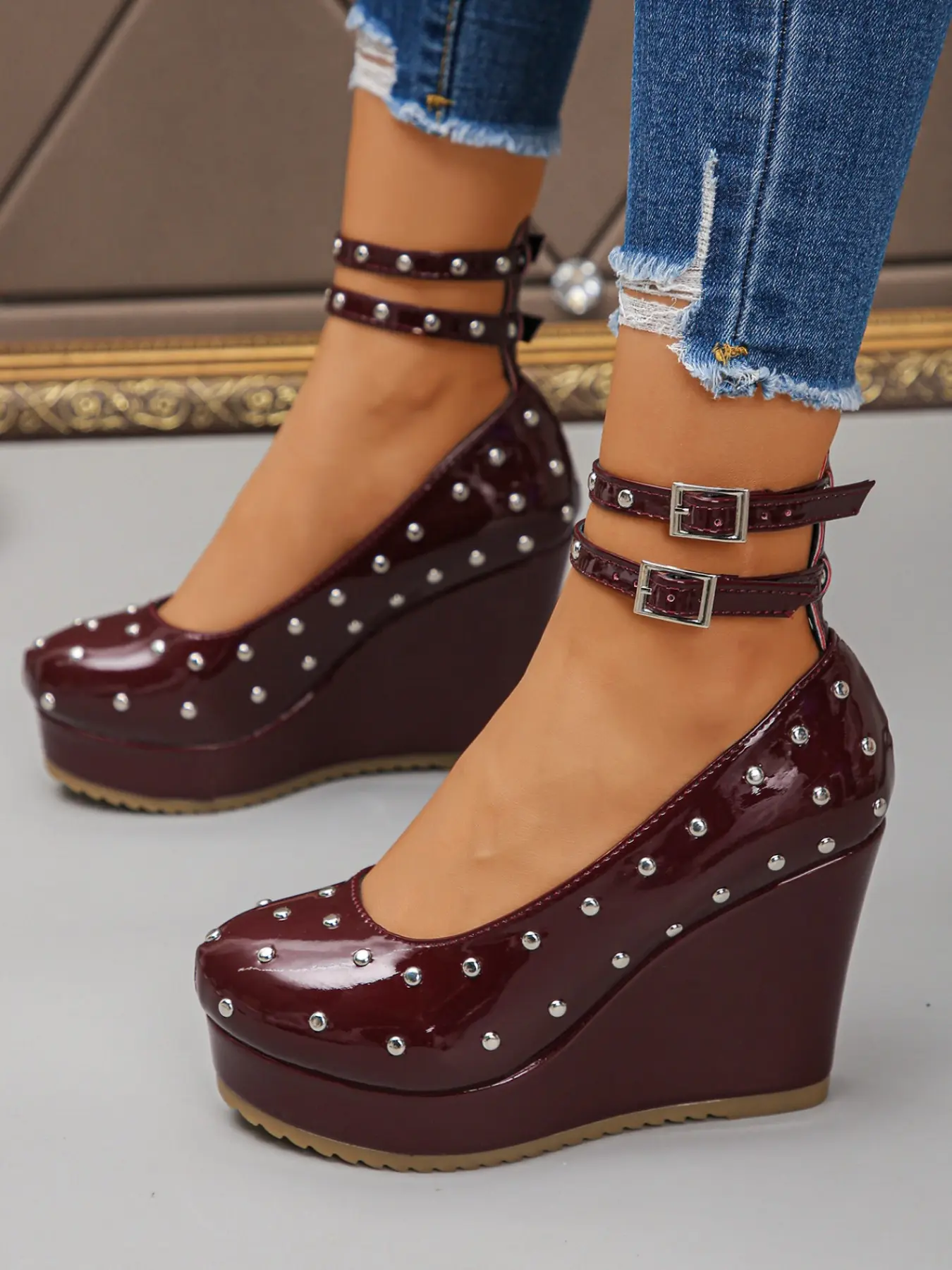 2026 New Patent Punk Style Wedge Platform Pumps, Full Rhinestone Stud Decor, Double Ankle Buckle Strap, Heightening Thick Sole, Y2K Hot Girl Shoes, Studded High Heels, Platform Wedges, Suitable For Street Look, Party, Date & Daily Commute