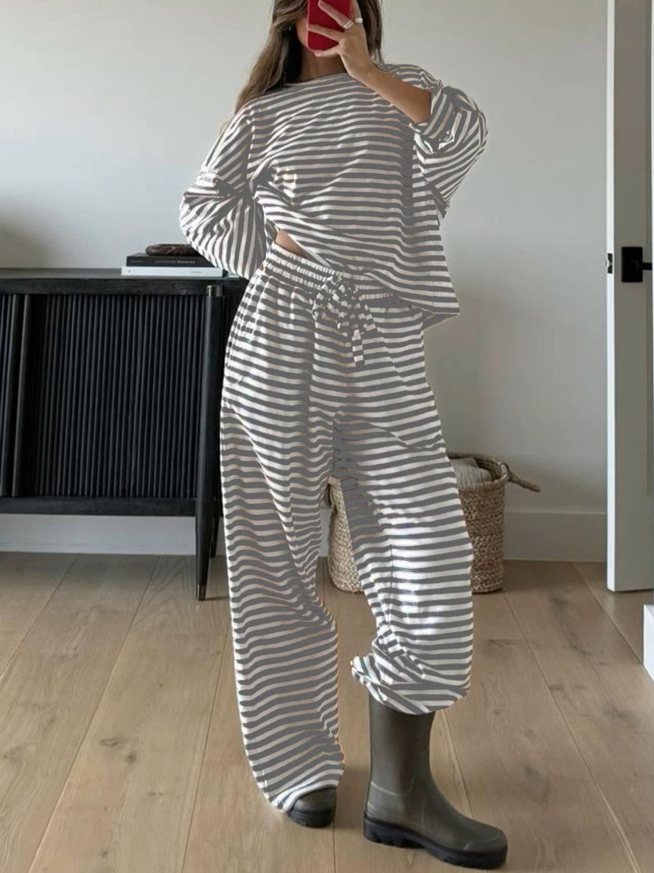 Women's Casual Striped Long Sleeve Top & Pants Set, Comfortable Loose-Fitting Two-Piece, Fashionable Clothing for Daily Wear
