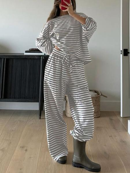 Women's Casual Striped Long Sleeve Top & Pants Set, Comfortable Loose-Fitting Two-Piece, Fashionable Clothing for Daily Wear