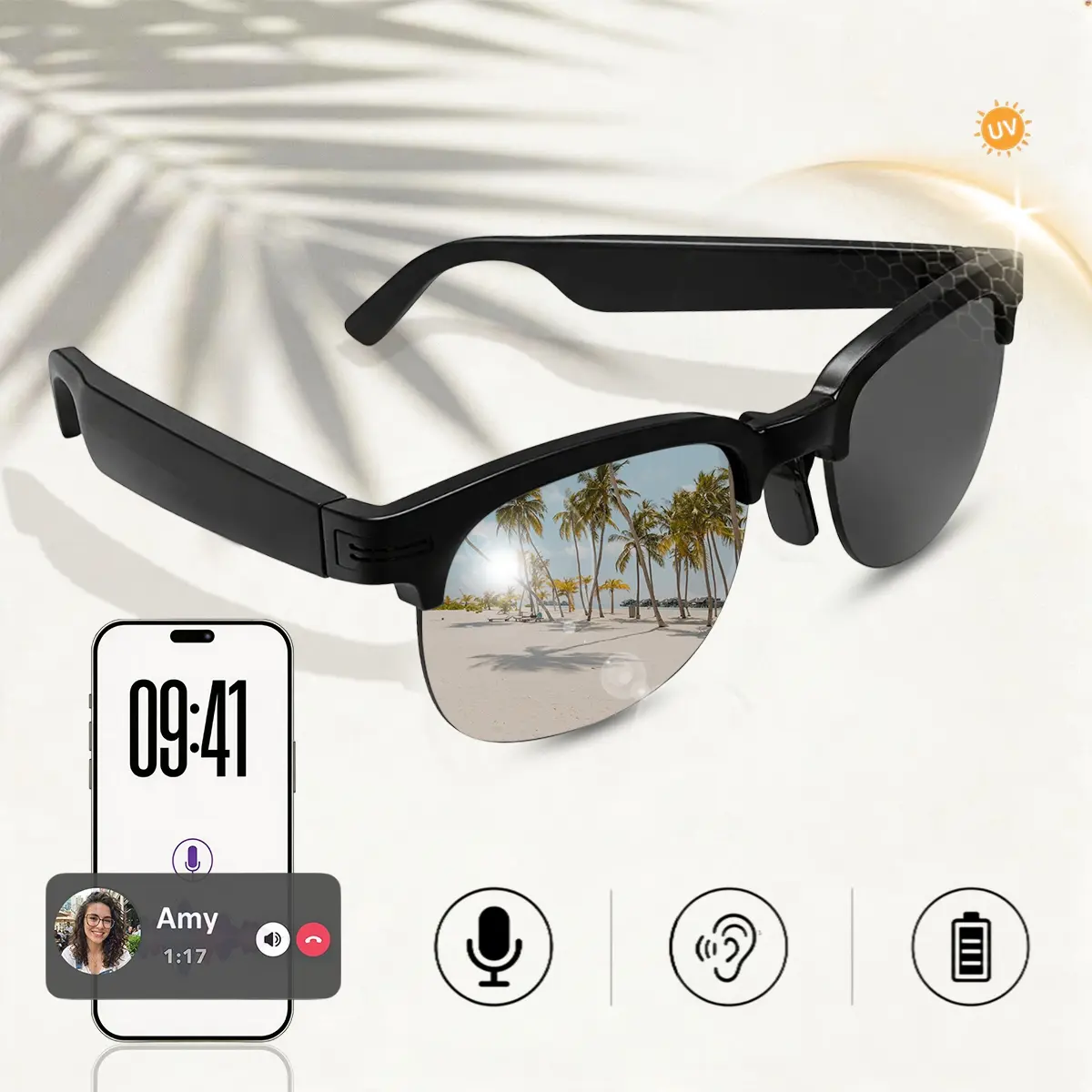 Bluetooth Open-Ear Audio Glasses with UV Protection Lenses, Hands-Free Calling and Smart Touch Control, IP54 Dust & Water Resistant, Long Battery Sunglasses for Driving, Cycling, Hiking, Travel and Daily Wear