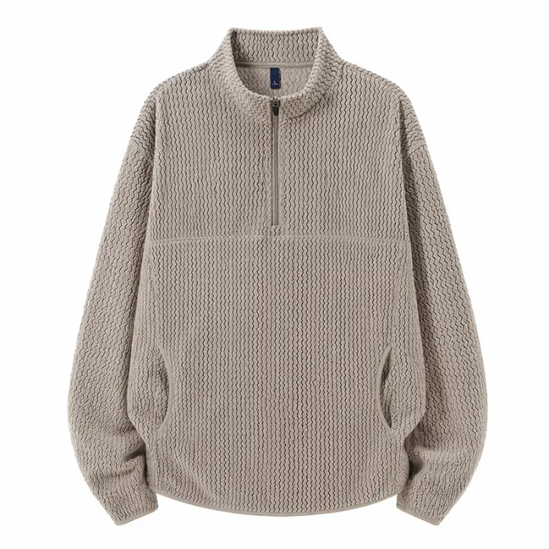 Stand‑collar half‑zip pullover sweatshirt, wavy textured surface, side hand pocket details, contrast zipper closure, vintage casual long‑sleeve top # sohochic