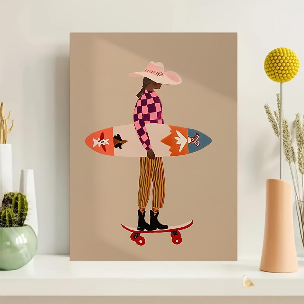 [1pcs] Framed Canvas Painting, Pink Surfer Print Skateboard Beach Art Checkered Pattern Modern Coastal Decor Folk Art Wall Art , 2D Flat, Perfect for Room Decor