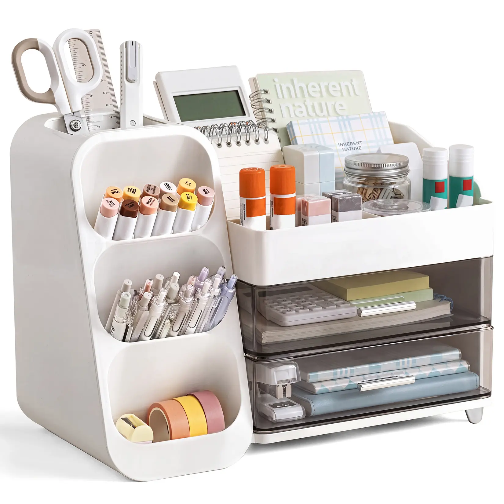 Desk Organizer with Pen Holder, Multi-Compartment Desktop Stationery Storage Caddy - 2 Clear Drawers - ABS & PET Desktop Office Accessory Organizer, White