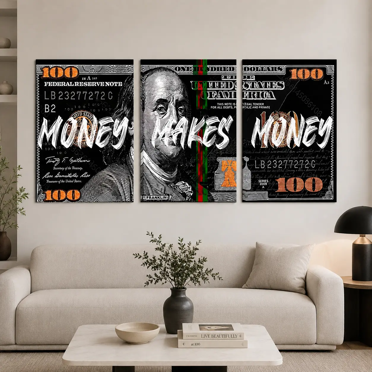3 Counts/set "Money Makes Money" Canvas Wall Art Print, Artwork for Walls, Inspirational Dollar Bill Pop Art, Waterproof  Wall Decoration for Living Room, Bedroom, Office & Dorm, Perfect Gift for Friends and Family