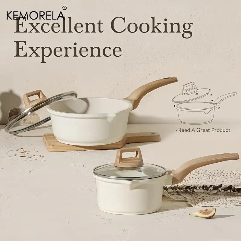 1Count Non-Stick Saucepan Set with Lid - Induction Compatible, PFOA-Free, Easy to Clean, Pour Spout, Light Beige with Wooden Handles, Ideal for Small Kitchen Cooking, Kitchen Essentials|Minimalist Kitchenware|Durable Cookware, Induction Cookware Sets