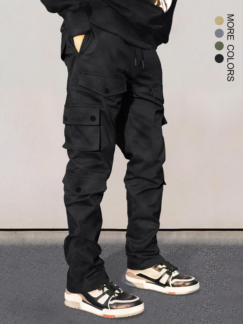 Men's Plain Pocket Drawstring Waist Cargo Pants, Casual Slant Pocket, Sporty Street Trousers, Men Cargo Pants, Men's Bottoms for Daily Wear, Winter Wear