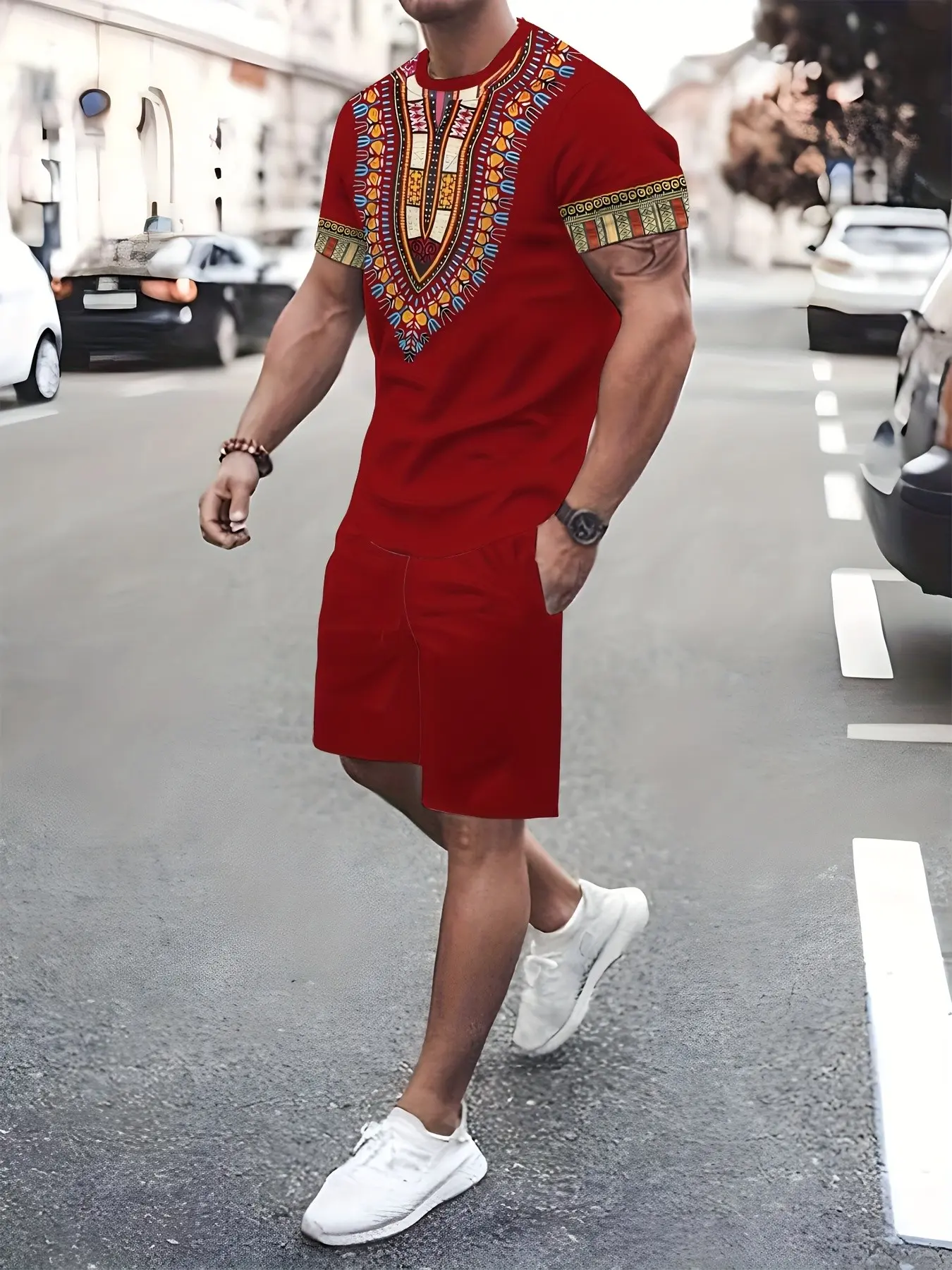 Summer Men Boho Tribal Pattern Two Piece Tracksuit Soft Short Sleeve Tee Drawstring Shorts Street Fashion Outfit