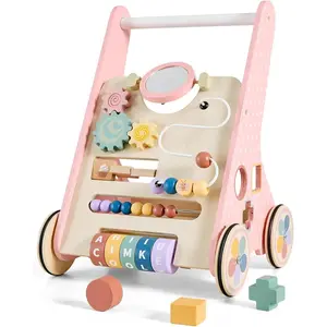 Push Walker for Girls 10+ Months, Wooden Baby Walker Push Toy with Storage, Learning to Walk, Montessori Walker Toy with Wheels, Toddler Activity Center for 12-18 Months