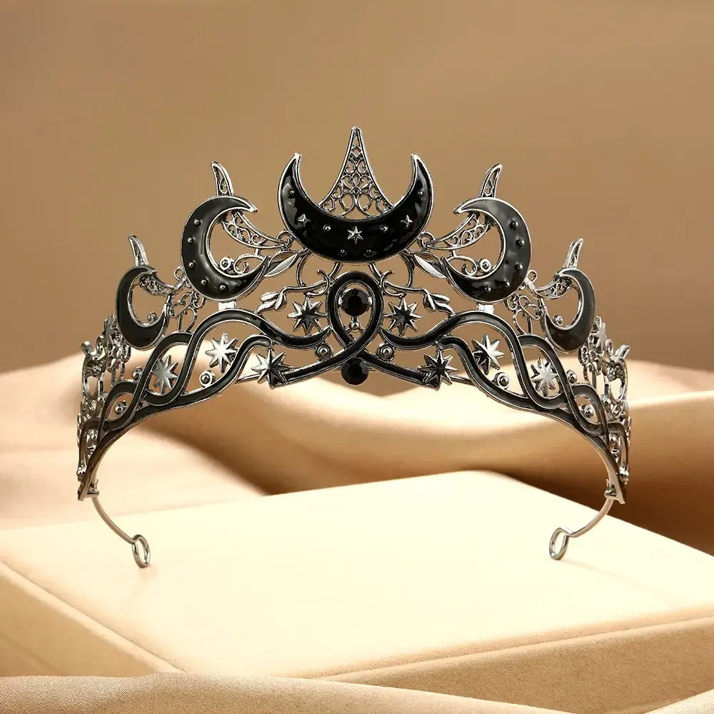 Black Gothic Moon Stars Rhinestone Crown Headpiece - Funky Unisex Costume Accessory for Witch Role Play, Halloween Parties, Party, Black Crown, Hair Accessory, Crown Tiara