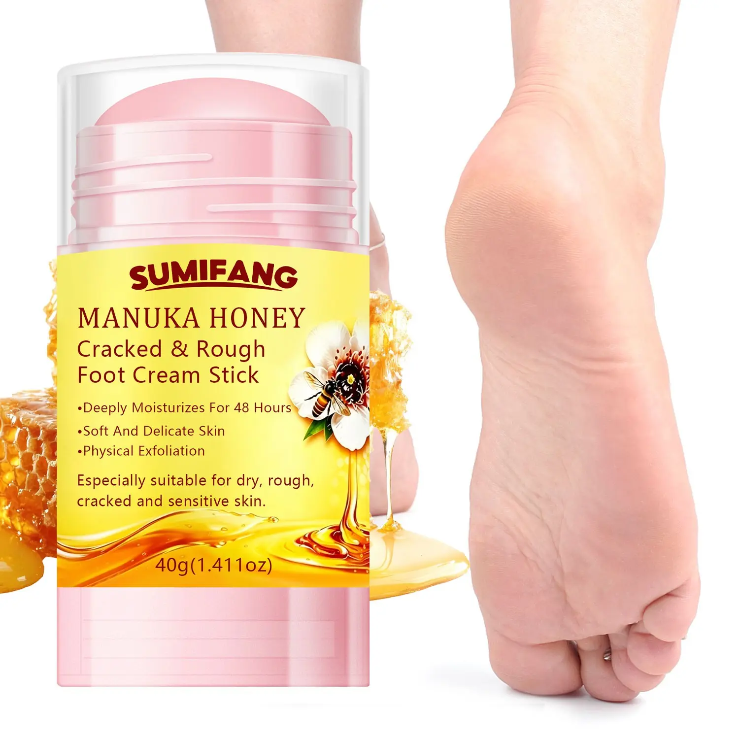 40g Honey Foot Repair Stick, Long-Lasting Moisturizing, Smooths Thick Hard Skin, Improves Dry Rough Cracked Sensitive Heels, Deep Hydration