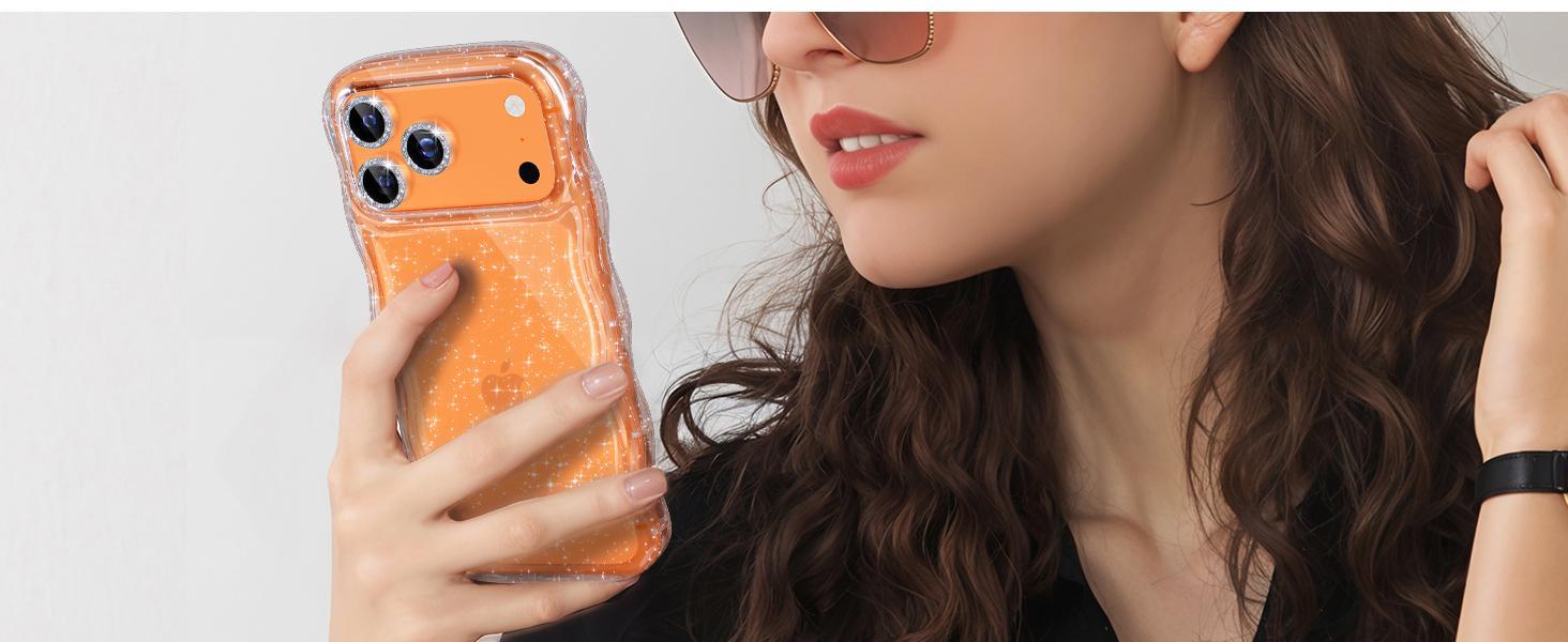Choiche Compatible for iPhone 17 Pro Max Case, Women Cute Sparkly Phone Case, Curly Wavy Frame Cover [3 x Diamond Camera Lens Protectors] [2 x Tempered Glass Screen Protectors] 6.9" (Glitter Clear)