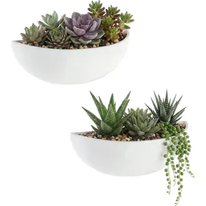 MyGift White Ceramic Wall Planters for Indoor Plants, Half Bowl Hanging Vase, Wall Mounted Succulent Planters, Set of 2