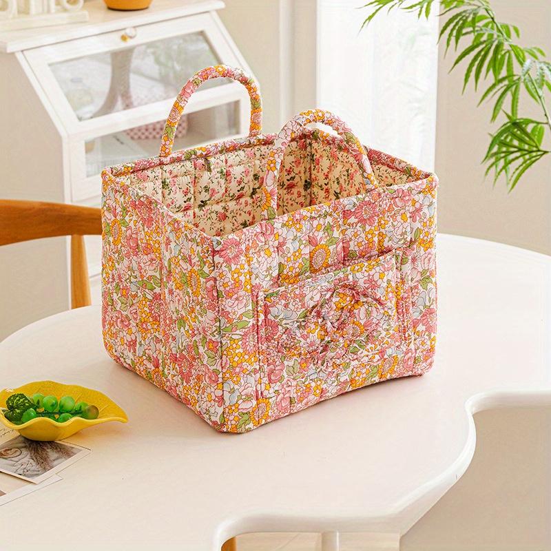 Charming Floral Fabric Storage Bins with Handles- Desktop Storage Basket, Travel Folding Organizer, Portable, Multi-Compartment Organizer for Clothes, Underwear& Accessories- Ideal for Bedroom or Bathroom Decor, Laundry Baskets