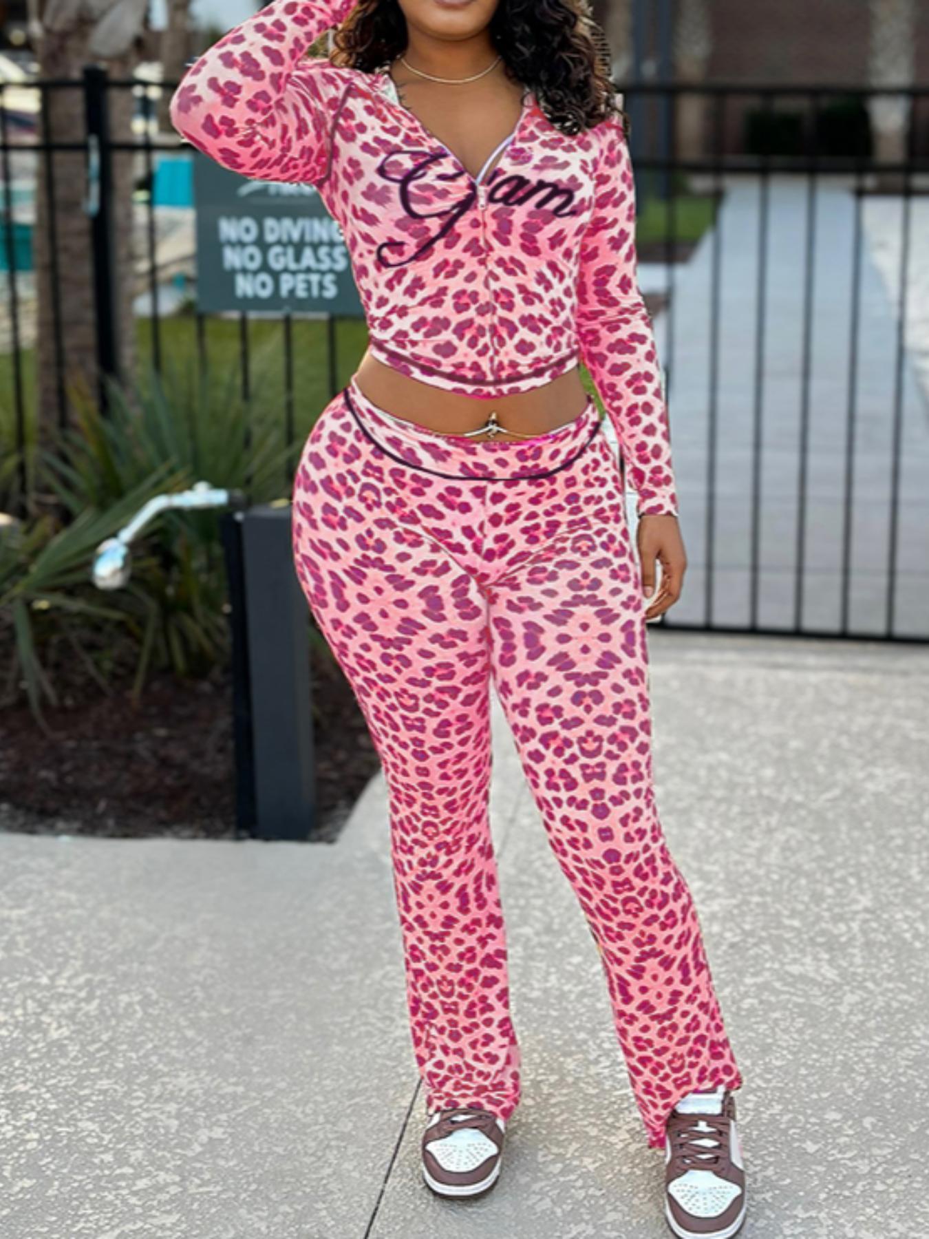 Two-piece Set Women's Leopard Letter Print Zip Up Crop Hoodie & High Waist Skinny Pants, Matching Sets, Casual Fashion Cozy Breathable Two Piece Outfits for Daily Outdoor Wear, Women Long Sleeve Clothes for Fall & Winter, Lady Womenswear, Boss Babe Outfit