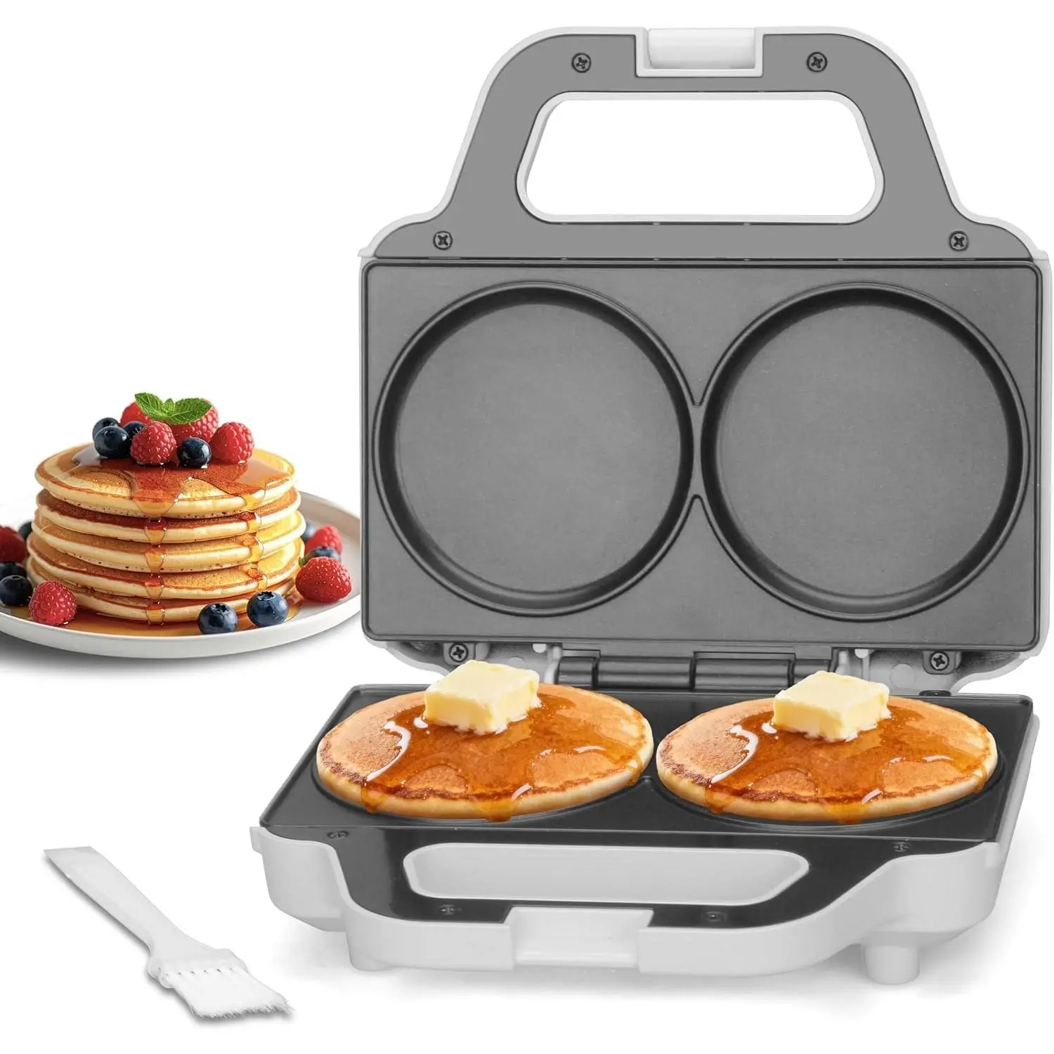 Double Mini Pancakes Maker Machine, Arepa Maker, Electric Pancake Griddle for Pancakes, Cookies, Eggs, Arepas & Breakfast Sandwiches, White, 4 InchGift