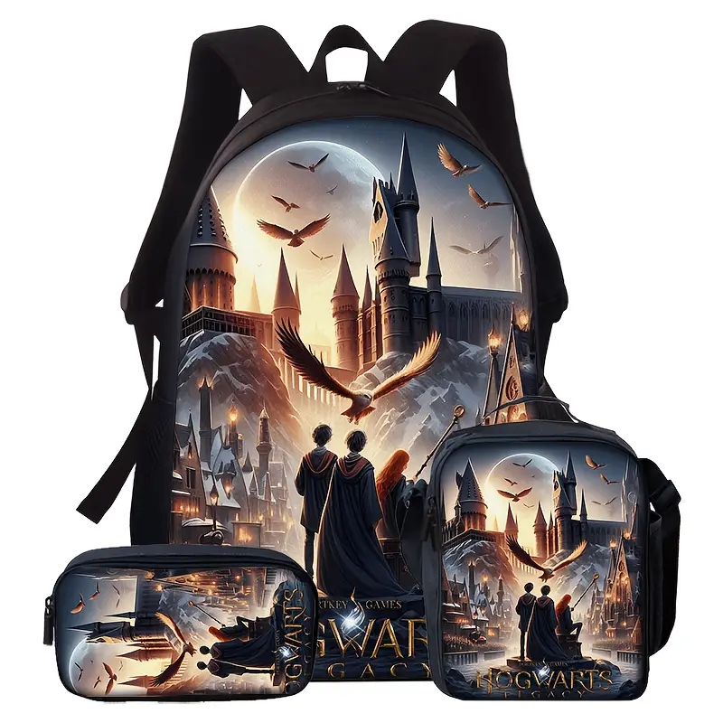 Durable Water-Resistant 3-Piece Backpack Set for Hogwarts Legacy Fans, Lightweight School Bag with Lunch Box, Moonlit Snowy Hogwarts Castle Eagle Wizard Trio Print, Includes Large Rucksack, Thermal Lunch Tote & Stationery Pouch