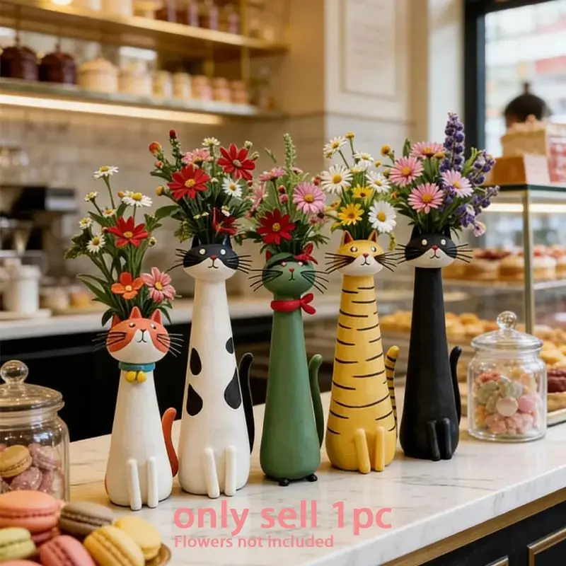Handmade Vintage Bohemian Boho Cat Vase, Decorative Cat-Shaped Resin Flower Pot Ornaments for Bohemian Home Décor, Desk, Shelf & Cute Desktop Decoration, Unique Gift for Cat Lovers