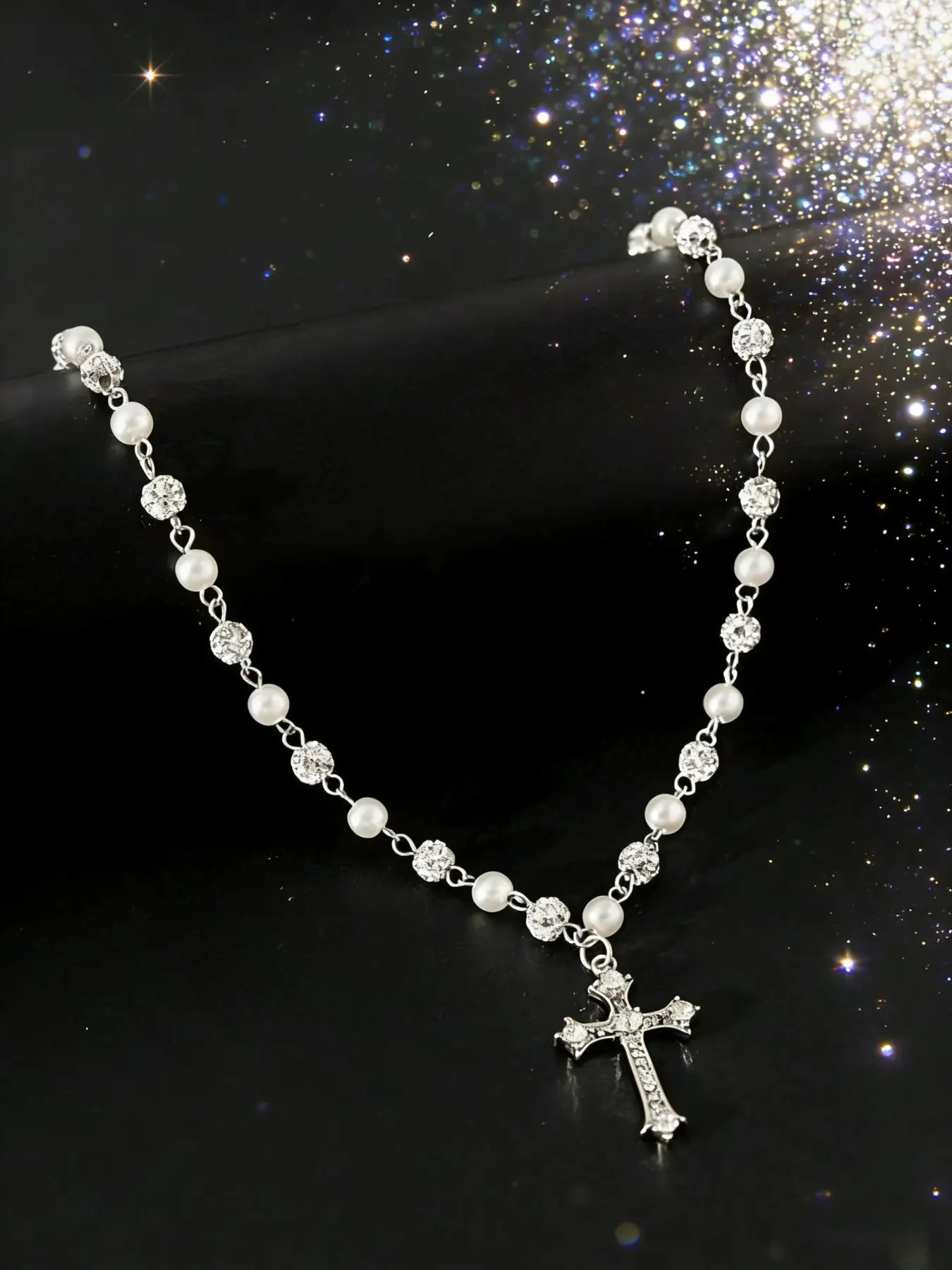 Alone Luna Cross Pendant Necklace, Rhinestone Ball Chain, Unisex Baroque Style, Elegant Punk Jewelry, All-Season Alloy Chain