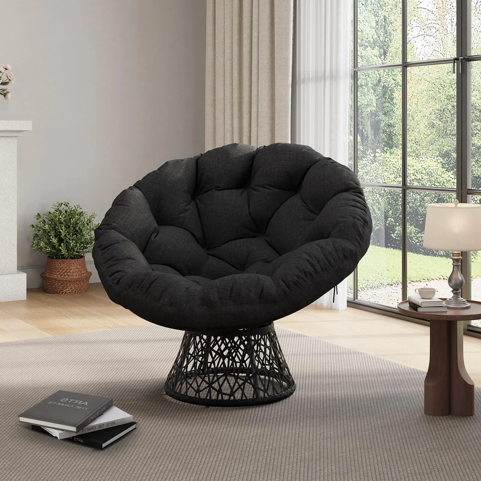 40" Ergonomic Papasan Moon Chair, Wicker-Style Bowl Lounge Chair with Extra-Thick Soft Cushion - Heavy-Duty Steel Frame, 360° Swivel Base, Indoor/Outdoor