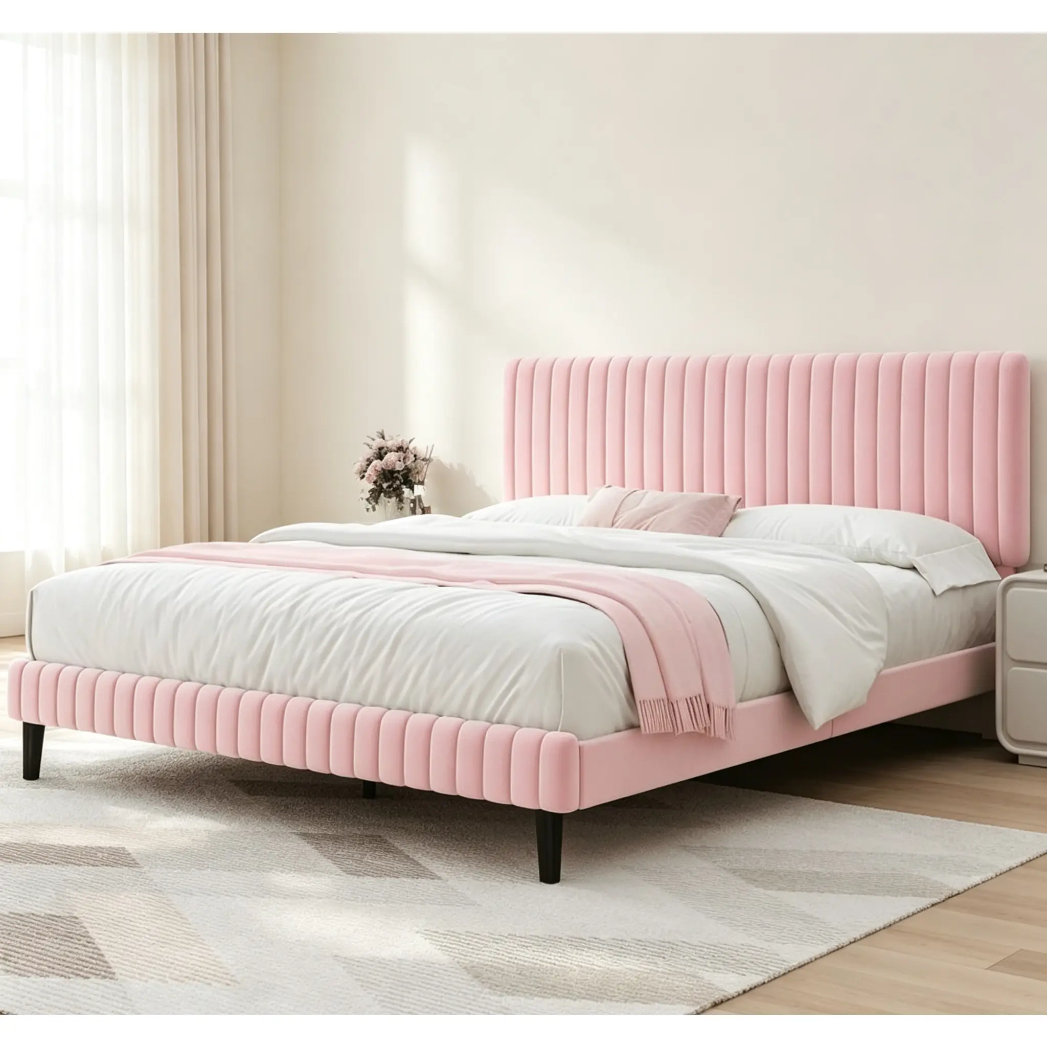 Single/Full/Queen/King Size Upholstered Bed Frame, Adjustable Velvet Headboard, Modern Bed Frame with Horizontal Striped Design, Single/Full/Queen/King Size Bed Frame, Pink/Green/Black/Blue/White
