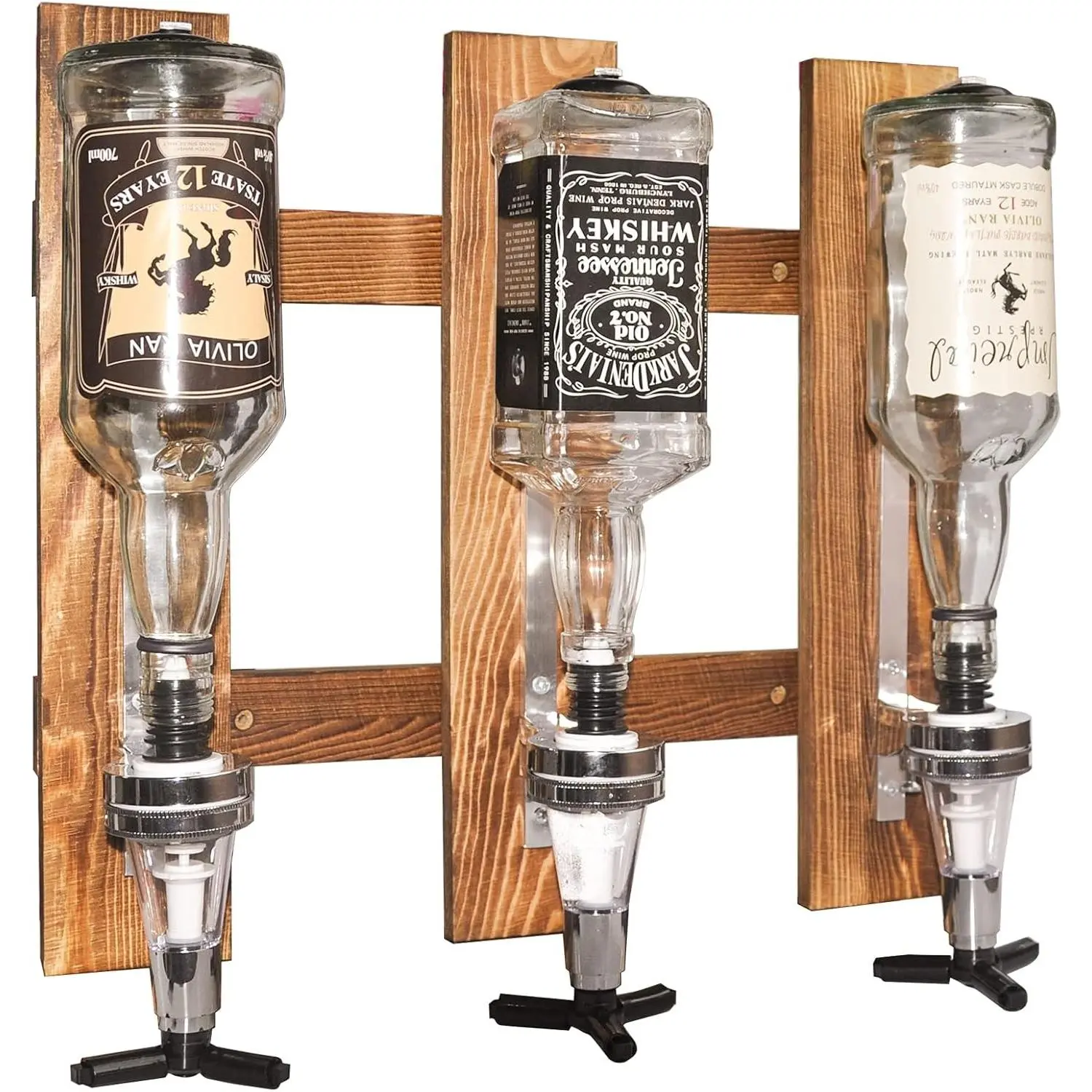 3-Bottle Wall Mounted Liquor Dispenser, Wooden Wall Shelf for Home Bar, Glass Drink Dispenser for Parties