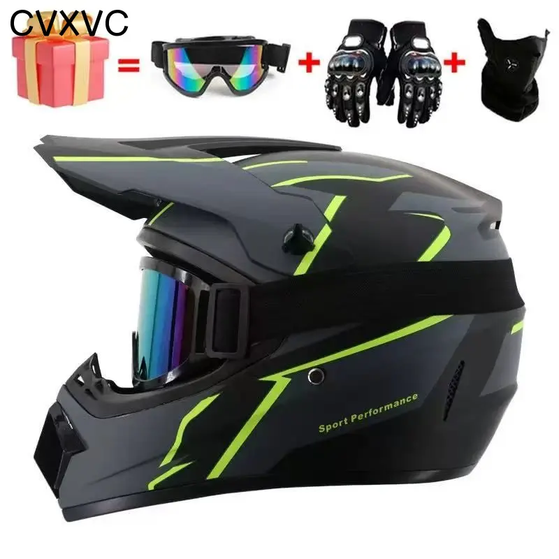 CVXVC Dirt Bike Helmet, DOT Certified 4-Piece Full Face Helmet Set with Goggles, Gloves & Mask for Adults, Ventilated Design for ATV, UTV, Motocross and Off-Road Trail Riding, Removable Cheek Pads, Multi-Vent Airflow and Quick-Release Buckle, Sizes S-XL