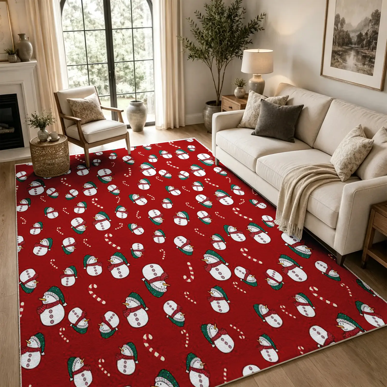 Whimsical Winter Snowman Rug, Red White Motif Carpet, Cozy Faux Cashmere, Machine Washable Non Slip Rug for Bedroom Living Room Dining Room Office, Holiday Christmas Gift, Home Decor (Various Sizes)