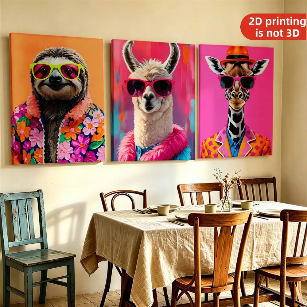 2D Flat, 2D Flat 3pcs Framed Canvas Posters & Prints Animal Portrait Canvas Art Set Colorful Sloth Llama And Giraffe with Fashion Glasses And Floral Outfits for Living Room Or Dining Room Decor 12 X 16 Inch/ 30 X 40cm, 2D Flat