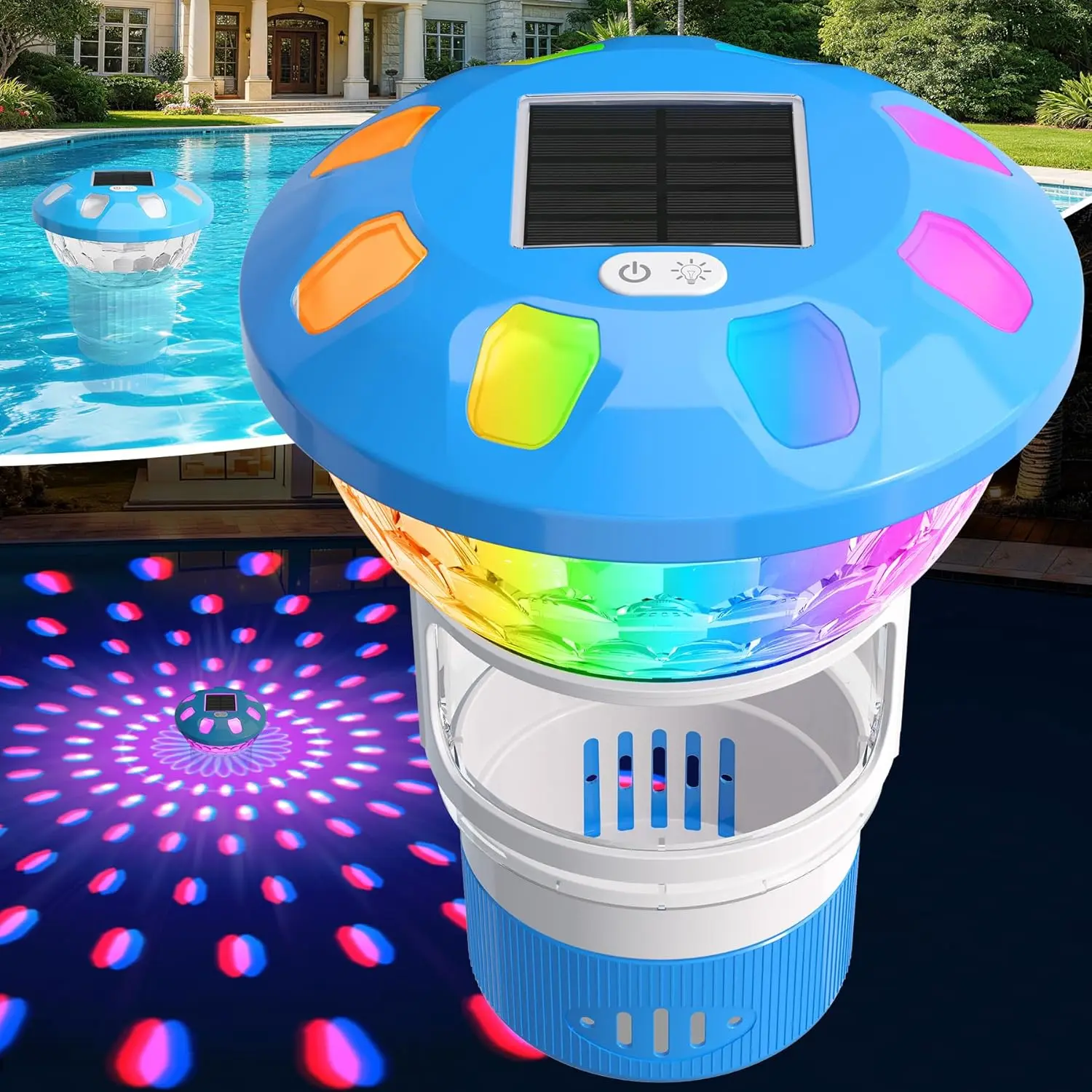 Pool Chlorine Floater, Solar Powered Chlorine Floater with Color Changing Lights |     3 Inch Chlorine Tablet Floater with Adjustable Flow Rate, Button Operated Floating Chlorine Dispenser Suitable for Pools and Hot Tubs, Light Blue