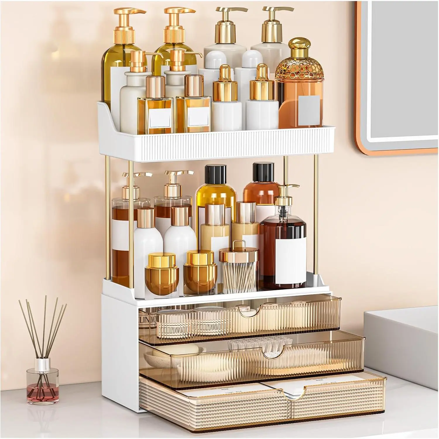 Amber Plastic-Silicone Bathroom Organizer - 5 Tiers & Above, Slip-Proof, 3 Slide Drawers (Triple Drawer), 2 Shelves, Transparent Storage for Bathroom Vanity, Kitchen Countertop, 3 Drawers, Durable