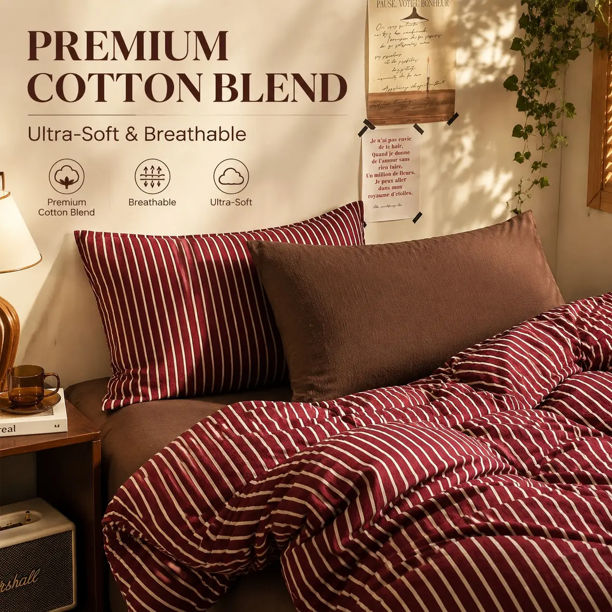4PC New red and brown striped bedding four-piece set(1PC duvet cover+2PC pillowcases+1PC bedsheet), soft to the touch and skin-friendly, can be used in all seasons, As a gift for friends and family, it is both practical and tasteful, Bedding Sets