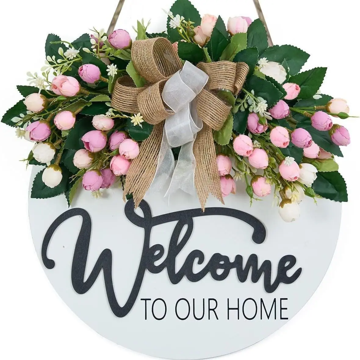 Welcome Wreath Wooden Door Hanger, Floral Porch Decor Wall Hanging, Front Door Welcome Sign, Halloween Christmas Thanksgiving Decoration