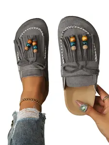 Vintage Beaded Slip-On Mules, Thick Sole Comfortable Slippers, No Heel Design, Easy On/off, Ideal for Summer Home, Shopping, Short Trips