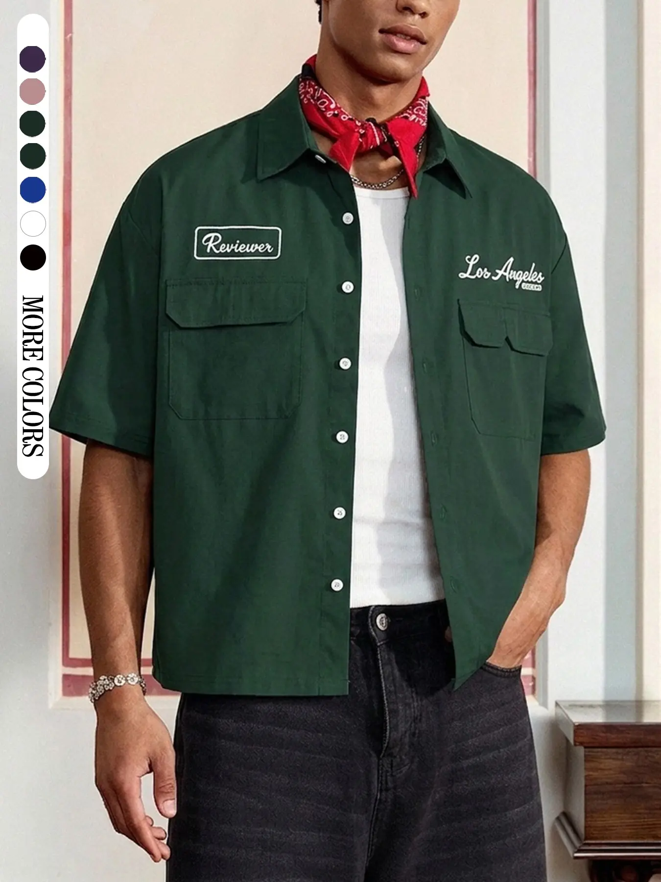 Men's Olive Pocket Short Sleeve Casual Shirt, Letter Pattern, Loose Fit, All Seasons, Street Style, Daily Wear, Streetwear