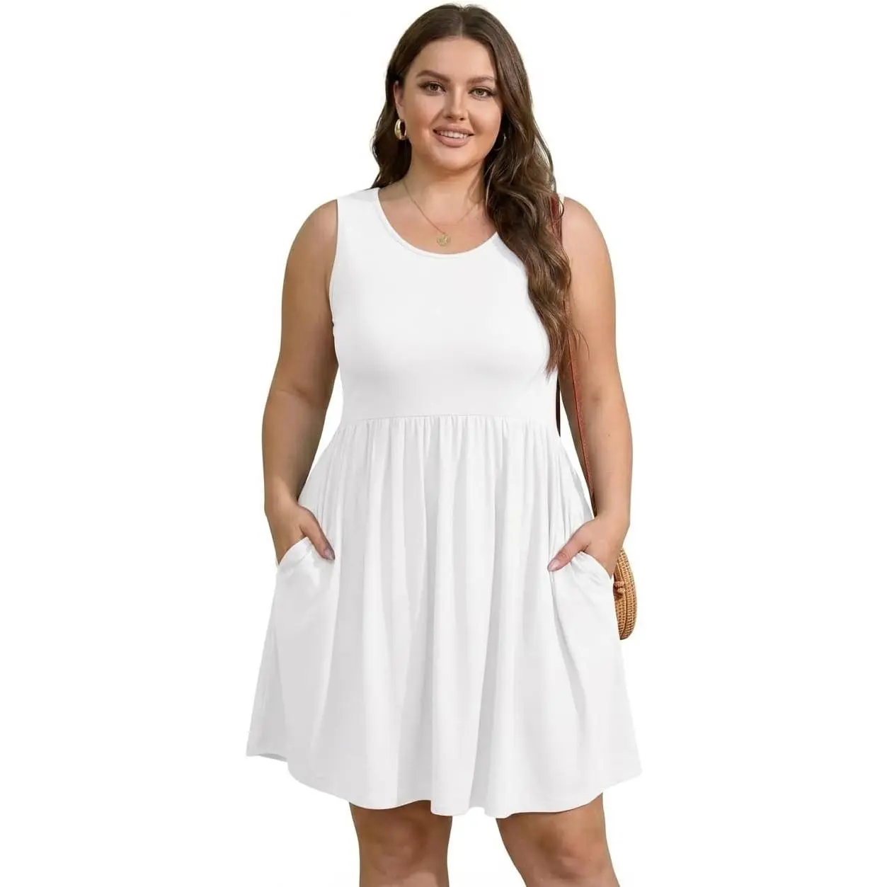 Women's Plus Size Casual Sundress, Basic Breezy Sleeveless Knee Length A-Line T-Shirt Dress with Empire Waist and Pockets, 4X, Womens