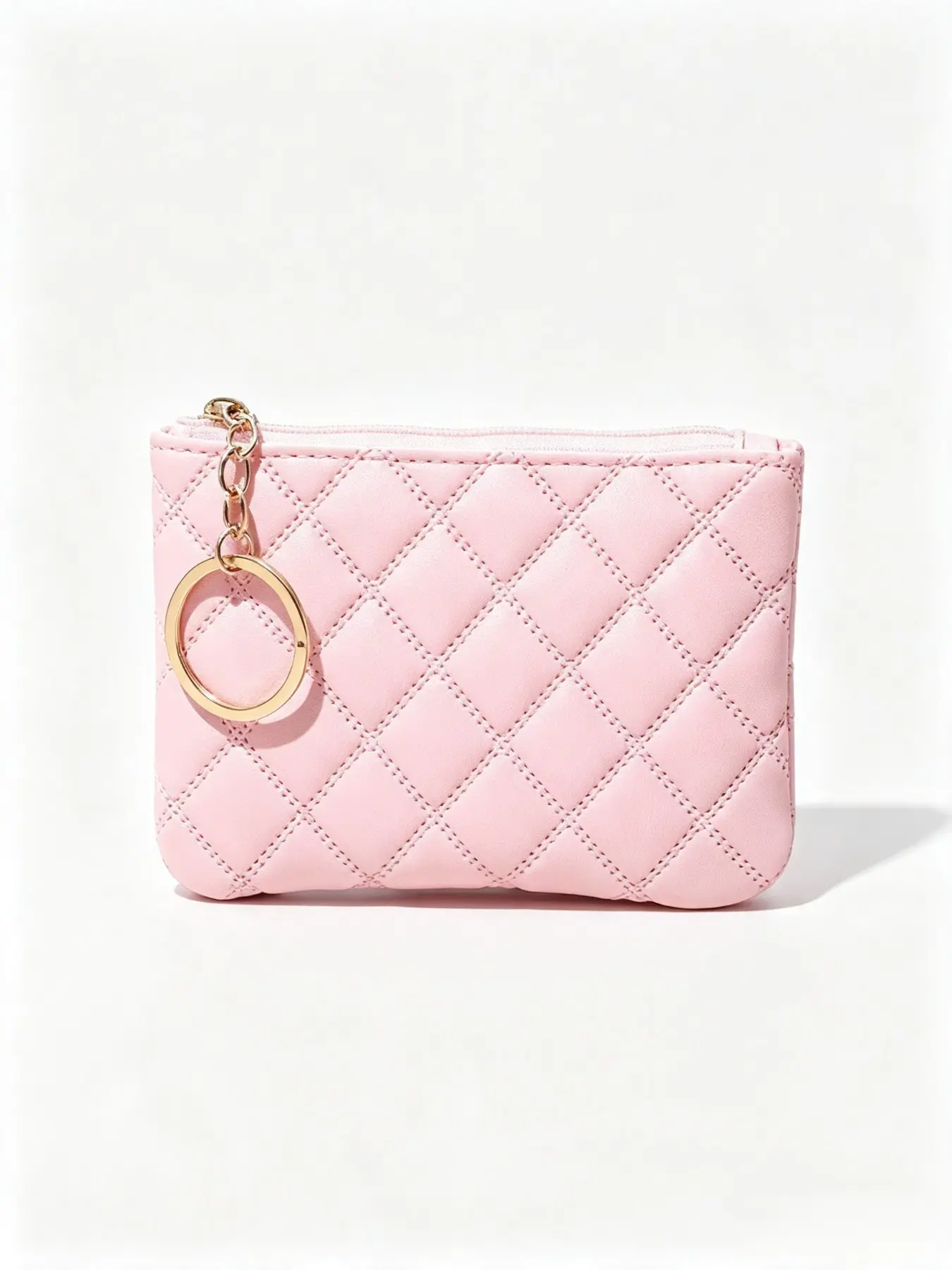 Women's Rhombus Quilted Keychain Coin Purse, PU Leather Zipper Mini Wallet, Credit Card Holder Small Bag, Boho Style, All Seasons