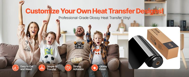 VEVOR Heat Transfer Vinyl, 12 in x 70 ft, Glossy Black HTV Iron on Vinyl Roll, Easy to Cut and Weed, Strong Adhesion, Compatible with Cutting Machines, for Various Materials, T-Shirts, Pillows, Hats